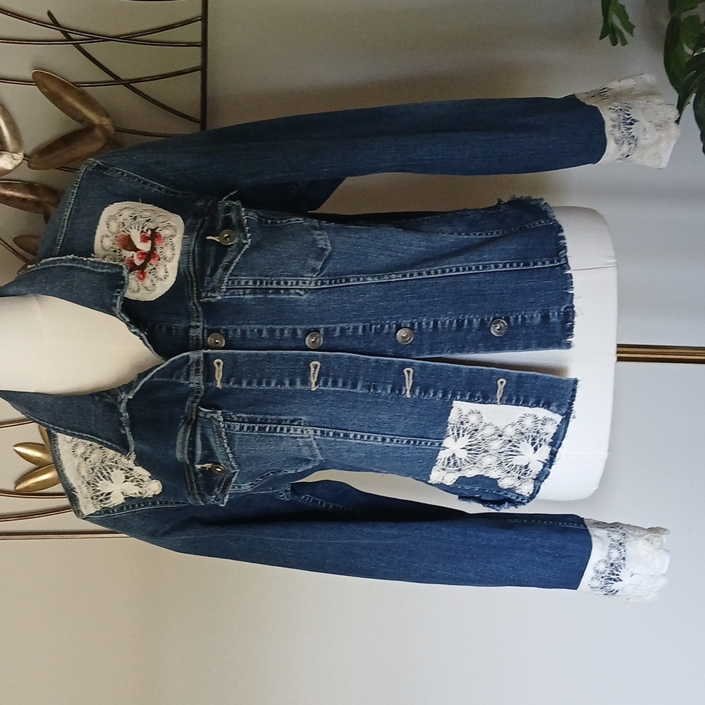 REworked Upcycled Denim Jacket with Lace and Applique Accents